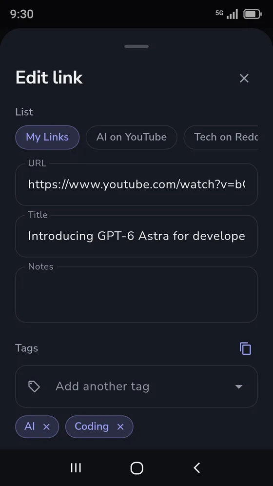 The edit sheet for a saved link, with its list, address, title, notes, the tags AI and Coding, its icon and reminder
