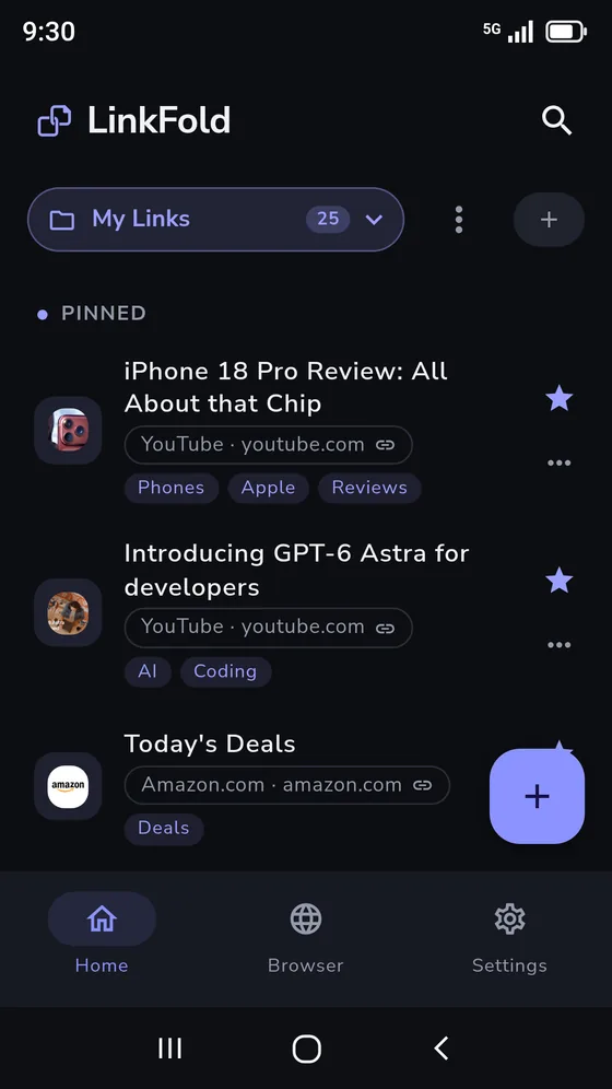 The LinkFold home screen, with three pinned links above the rest of the My Links list