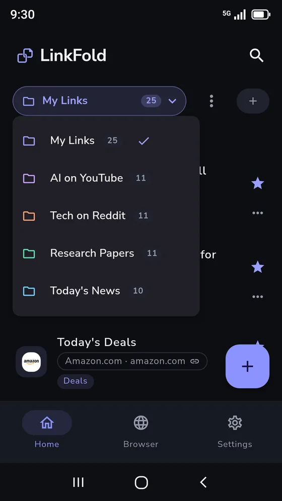 The list menu, with My Links, AI on YouTube, Tech on Reddit, Research Papers and Today’s News and a count beside each