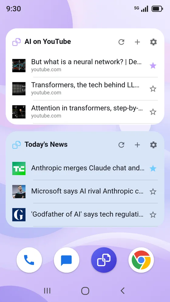 Two LinkFold widgets on a home screen, AI on YouTube on white and Today’s News on powder blue
