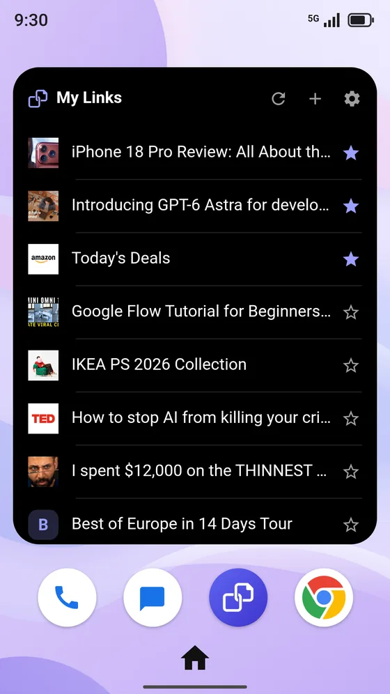 A LinkFold widget on a phone home screen, showing the My Links list with its three pinned links starred